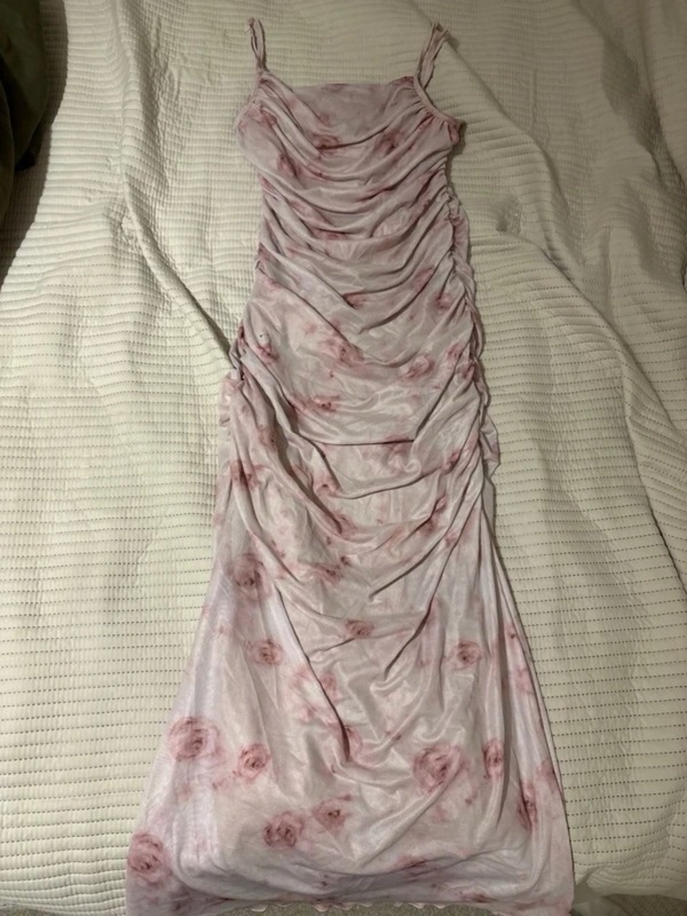 Floral Ruched Pink Maxi Slip Dress
